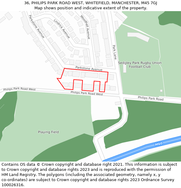 36, PHILIPS PARK ROAD WEST, WHITEFIELD, MANCHESTER, M45 7GJ: Location map and indicative extent of plot