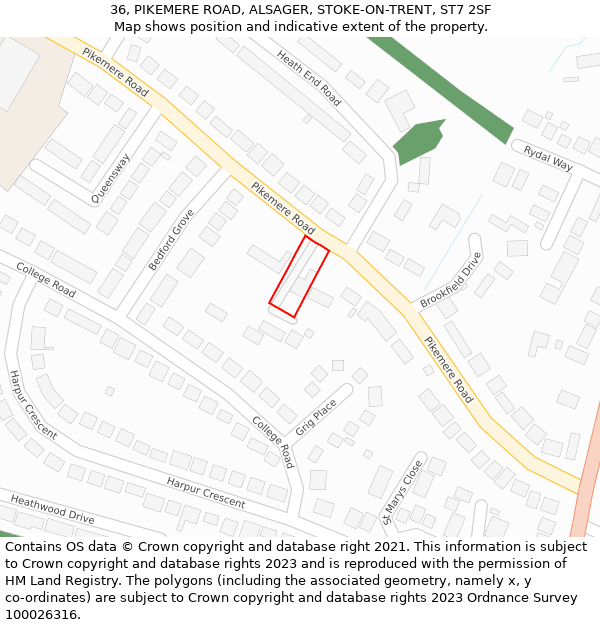 36, PIKEMERE ROAD, ALSAGER, STOKE-ON-TRENT, ST7 2SF: Location map and indicative extent of plot