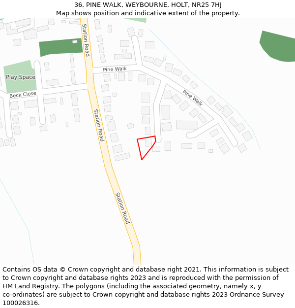 36, PINE WALK, WEYBOURNE, HOLT, NR25 7HJ: Location map and indicative extent of plot