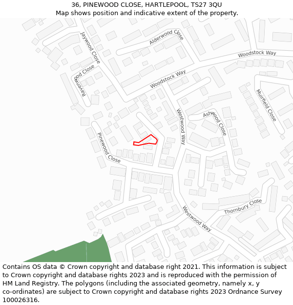 36, PINEWOOD CLOSE, HARTLEPOOL, TS27 3QU: Location map and indicative extent of plot