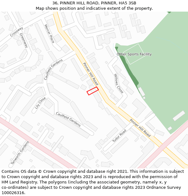 36, PINNER HILL ROAD, PINNER, HA5 3SB: Location map and indicative extent of plot