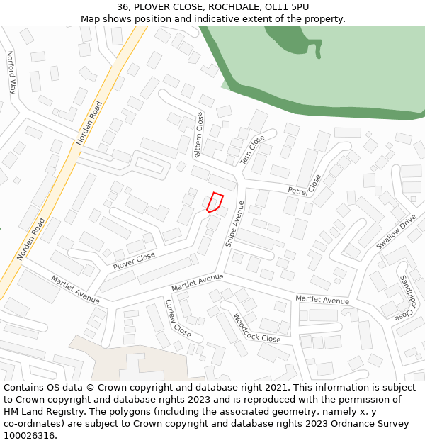 36, PLOVER CLOSE, ROCHDALE, OL11 5PU: Location map and indicative extent of plot