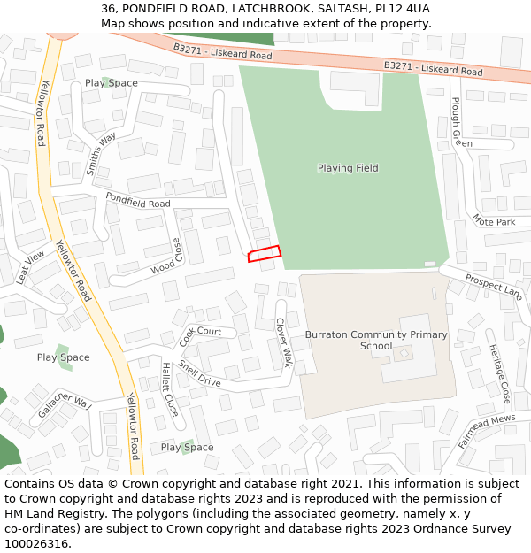 36, PONDFIELD ROAD, LATCHBROOK, SALTASH, PL12 4UA: Location map and indicative extent of plot