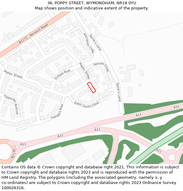 36, POPPY STREET, WYMONDHAM, NR18 0YU: Location map and indicative extent of plot