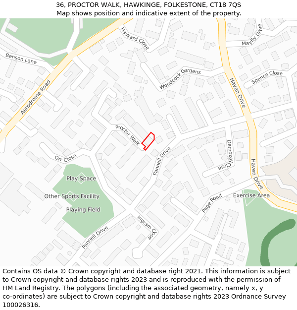 36, PROCTOR WALK, HAWKINGE, FOLKESTONE, CT18 7QS: Location map and indicative extent of plot