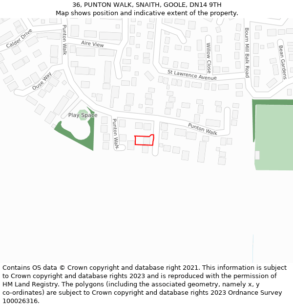 36, PUNTON WALK, SNAITH, GOOLE, DN14 9TH: Location map and indicative extent of plot