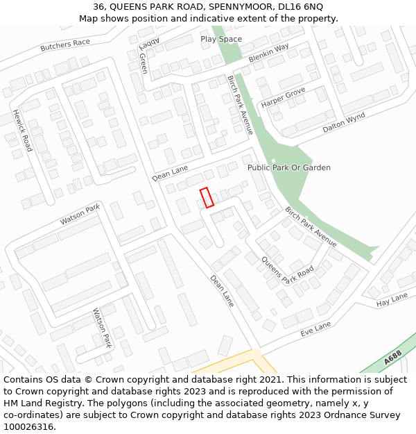 36, QUEENS PARK ROAD, SPENNYMOOR, DL16 6NQ: Location map and indicative extent of plot