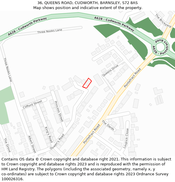36, QUEENS ROAD, CUDWORTH, BARNSLEY, S72 8AS: Location map and indicative extent of plot