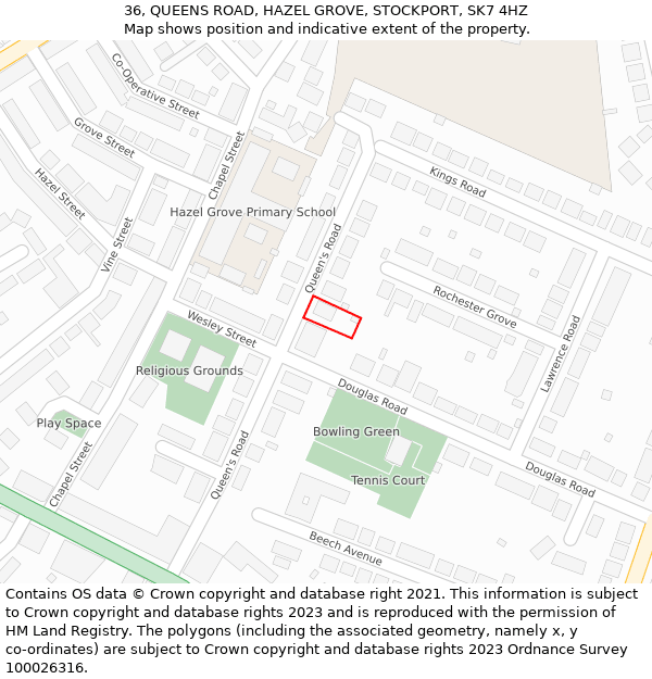 36, QUEENS ROAD, HAZEL GROVE, STOCKPORT, SK7 4HZ: Location map and indicative extent of plot