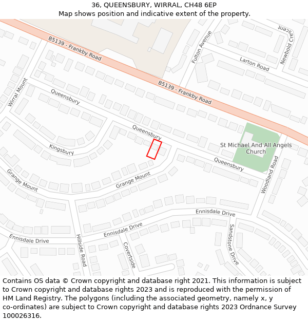 36, QUEENSBURY, WIRRAL, CH48 6EP: Location map and indicative extent of plot