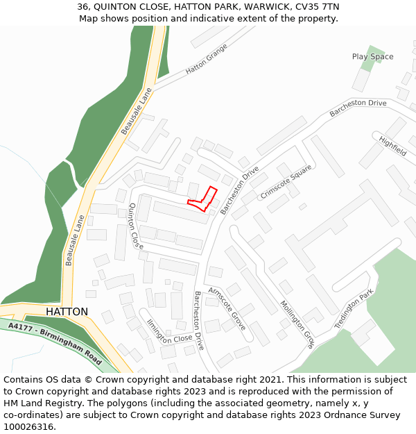 36, QUINTON CLOSE, HATTON PARK, WARWICK, CV35 7TN: Location map and indicative extent of plot