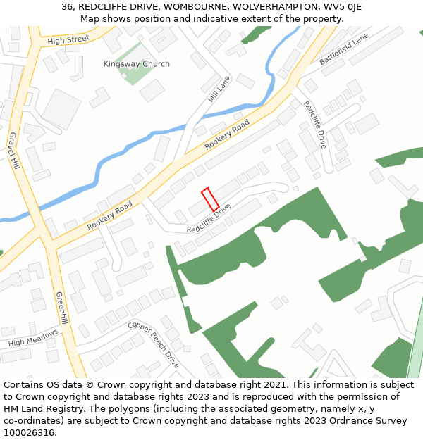 36, REDCLIFFE DRIVE, WOMBOURNE, WOLVERHAMPTON, WV5 0JE: Location map and indicative extent of plot