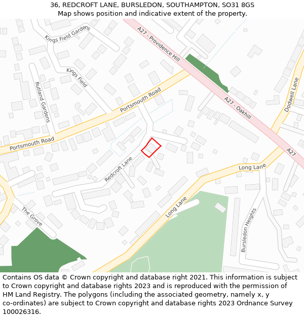 36, REDCROFT LANE, BURSLEDON, SOUTHAMPTON, SO31 8GS: Location map and indicative extent of plot