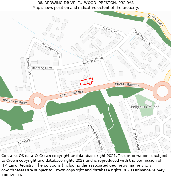 36, REDWING DRIVE, FULWOOD, PRESTON, PR2 9AS: Location map and indicative extent of plot