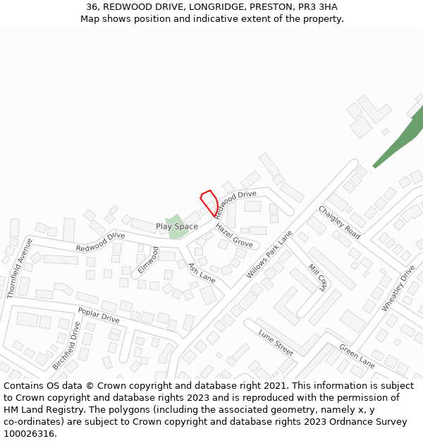 36, REDWOOD DRIVE, LONGRIDGE, PRESTON, PR3 3HA: Location map and indicative extent of plot