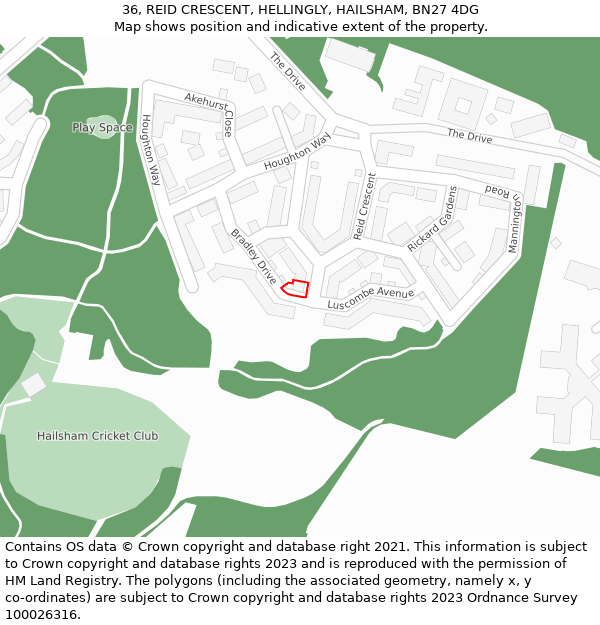 36, REID CRESCENT, HELLINGLY, HAILSHAM, BN27 4DG: Location map and indicative extent of plot