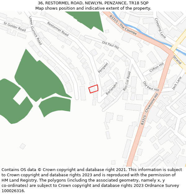 36, RESTORMEL ROAD, NEWLYN, PENZANCE, TR18 5QP: Location map and indicative extent of plot