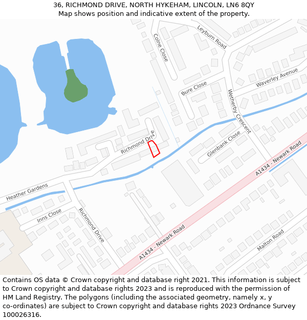 36, RICHMOND DRIVE, NORTH HYKEHAM, LINCOLN, LN6 8QY: Location map and indicative extent of plot