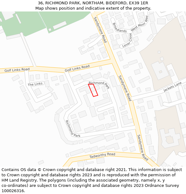 36, RICHMOND PARK, NORTHAM, BIDEFORD, EX39 1ER: Location map and indicative extent of plot