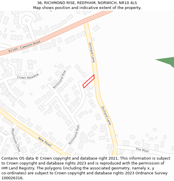 36, RICHMOND RISE, REEPHAM, NORWICH, NR10 4LS: Location map and indicative extent of plot