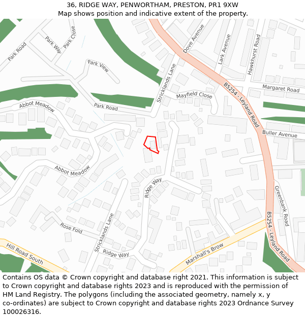 36, RIDGE WAY, PENWORTHAM, PRESTON, PR1 9XW: Location map and indicative extent of plot