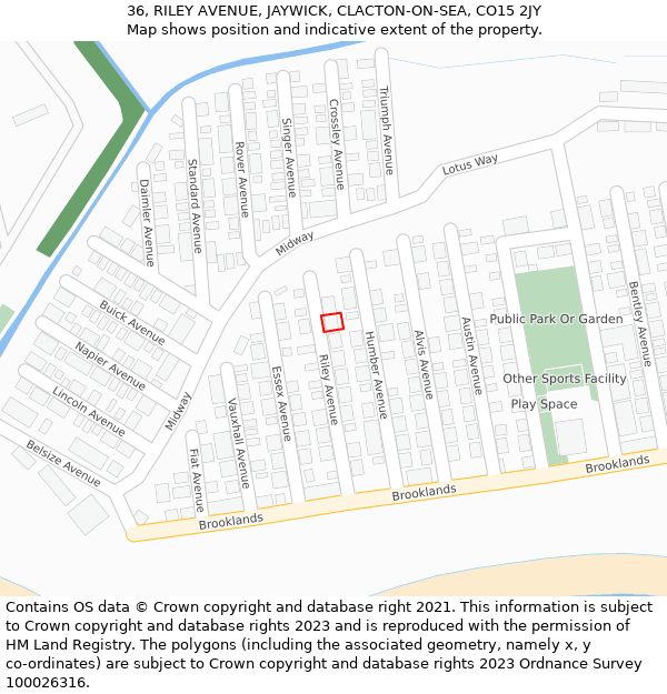 36, RILEY AVENUE, JAYWICK, CLACTON-ON-SEA, CO15 2JY: Location map and indicative extent of plot