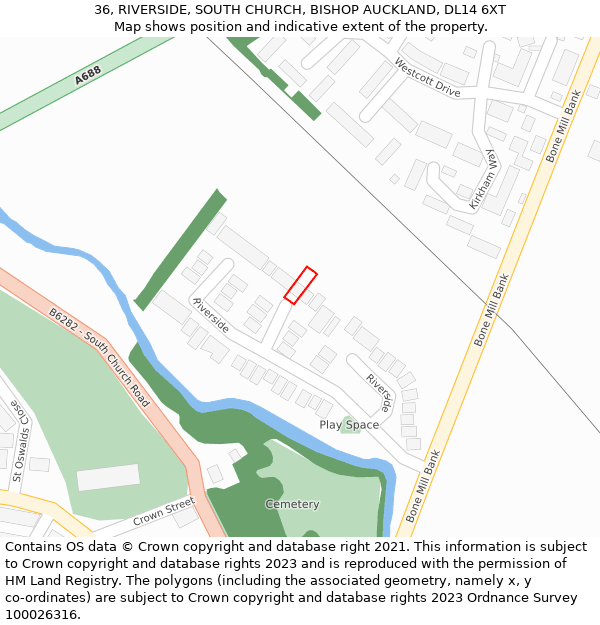 36, RIVERSIDE, SOUTH CHURCH, BISHOP AUCKLAND, DL14 6XT: Location map and indicative extent of plot