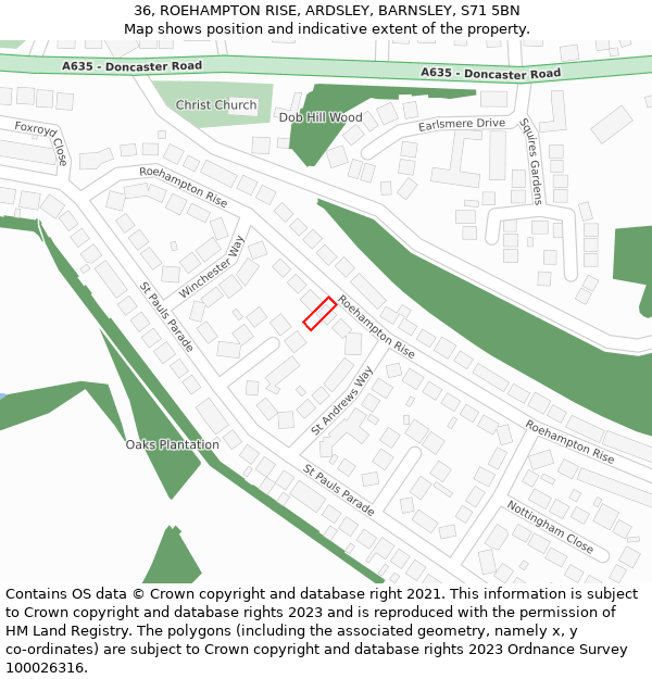 36, ROEHAMPTON RISE, ARDSLEY, BARNSLEY, S71 5BN: Location map and indicative extent of plot