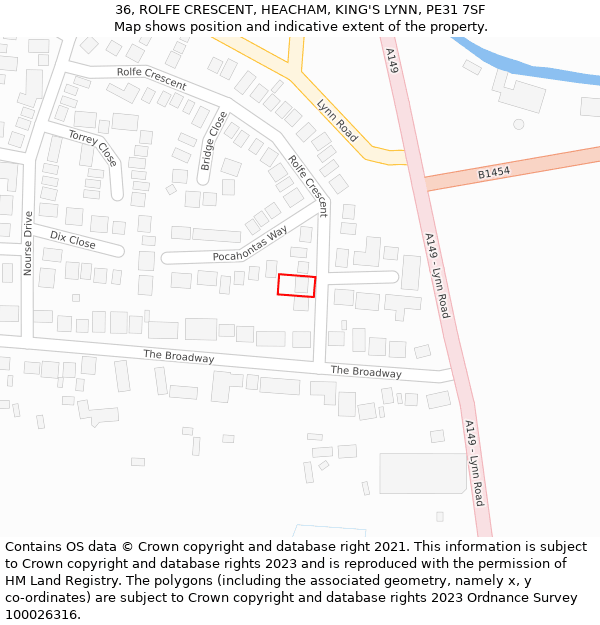 36, ROLFE CRESCENT, HEACHAM, KING'S LYNN, PE31 7SF: Location map and indicative extent of plot