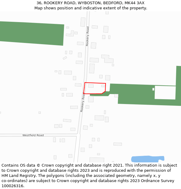 36, ROOKERY ROAD, WYBOSTON, BEDFORD, MK44 3AX: Location map and indicative extent of plot