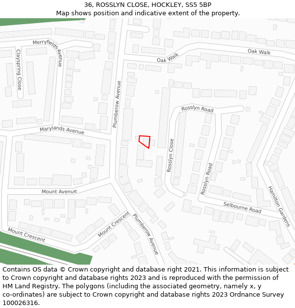 36, ROSSLYN CLOSE, HOCKLEY, SS5 5BP: Location map and indicative extent of plot