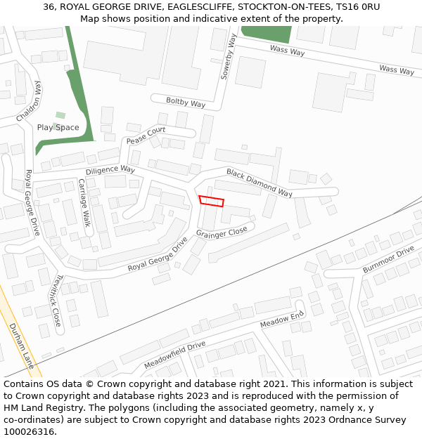 36, ROYAL GEORGE DRIVE, EAGLESCLIFFE, STOCKTON-ON-TEES, TS16 0RU: Location map and indicative extent of plot