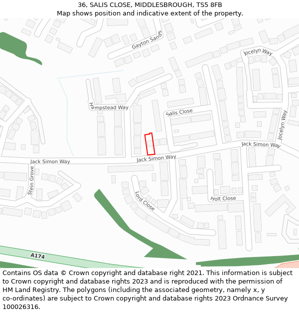 36, SALIS CLOSE, MIDDLESBROUGH, TS5 8FB: Location map and indicative extent of plot