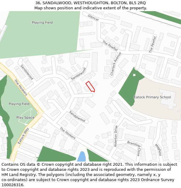 36, SANDALWOOD, WESTHOUGHTON, BOLTON, BL5 2RQ: Location map and indicative extent of plot