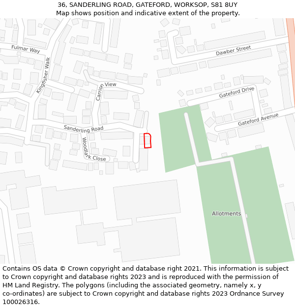 36, SANDERLING ROAD, GATEFORD, WORKSOP, S81 8UY: Location map and indicative extent of plot