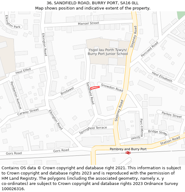 36, SANDFIELD ROAD, BURRY PORT, SA16 0LL: Location map and indicative extent of plot