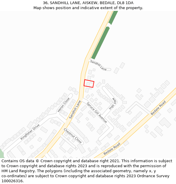 36, SANDHILL LANE, AISKEW, BEDALE, DL8 1DA: Location map and indicative extent of plot