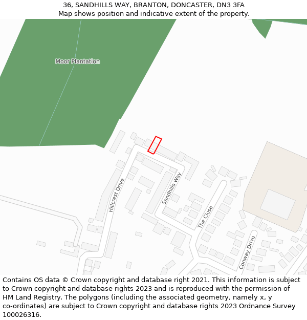36, SANDHILLS WAY, BRANTON, DONCASTER, DN3 3FA: Location map and indicative extent of plot