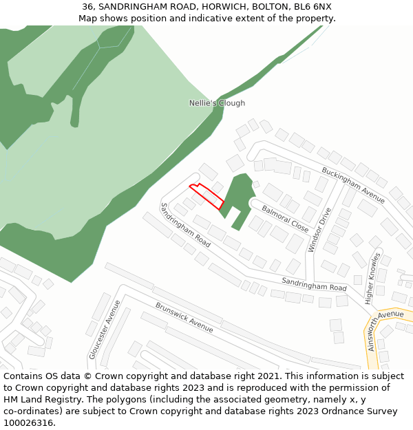 36, SANDRINGHAM ROAD, HORWICH, BOLTON, BL6 6NX: Location map and indicative extent of plot