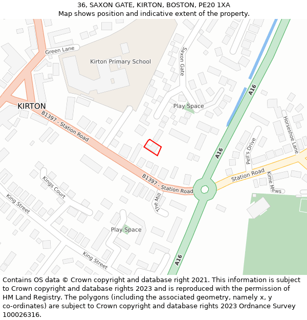 36, SAXON GATE, KIRTON, BOSTON, PE20 1XA: Location map and indicative extent of plot