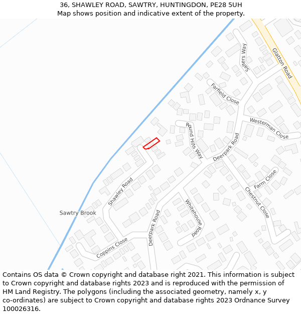 36, SHAWLEY ROAD, SAWTRY, HUNTINGDON, PE28 5UH: Location map and indicative extent of plot