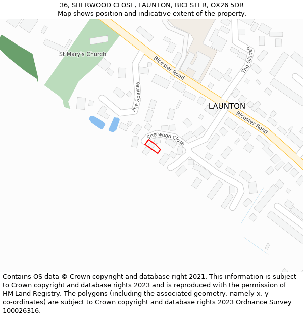 36, SHERWOOD CLOSE, LAUNTON, BICESTER, OX26 5DR: Location map and indicative extent of plot