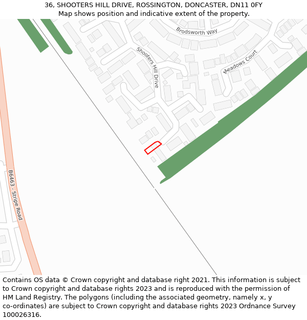 36, SHOOTERS HILL DRIVE, ROSSINGTON, DONCASTER, DN11 0FY: Location map and indicative extent of plot