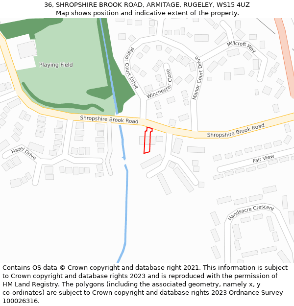 36, SHROPSHIRE BROOK ROAD, ARMITAGE, RUGELEY, WS15 4UZ: Location map and indicative extent of plot
