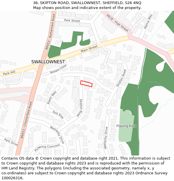 36, SKIPTON ROAD, SWALLOWNEST, SHEFFIELD, S26 4NQ: Location map and indicative extent of plot