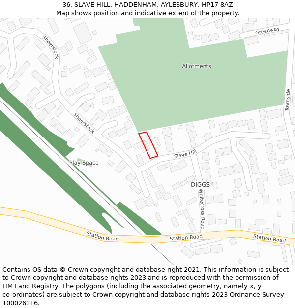 36, SLAVE HILL, HADDENHAM, AYLESBURY, HP17 8AZ: Location map and indicative extent of plot