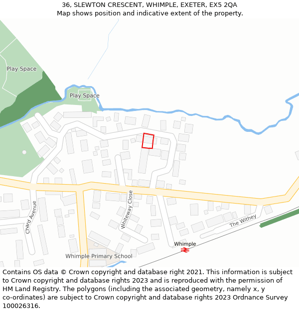 36, SLEWTON CRESCENT, WHIMPLE, EXETER, EX5 2QA: Location map and indicative extent of plot