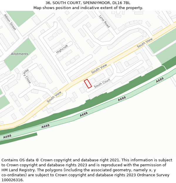 36, SOUTH COURT, SPENNYMOOR, DL16 7BL: Location map and indicative extent of plot