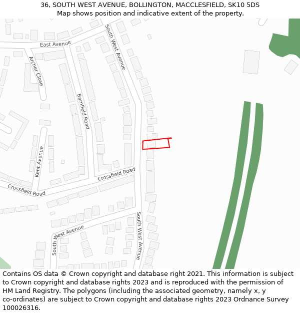 36, SOUTH WEST AVENUE, BOLLINGTON, MACCLESFIELD, SK10 5DS: Location map and indicative extent of plot