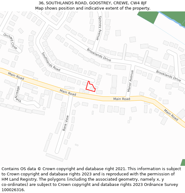 36, SOUTHLANDS ROAD, GOOSTREY, CREWE, CW4 8JF: Location map and indicative extent of plot